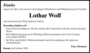 Traueranzeige von Lothar Wolf von Fränkische Nachrichten