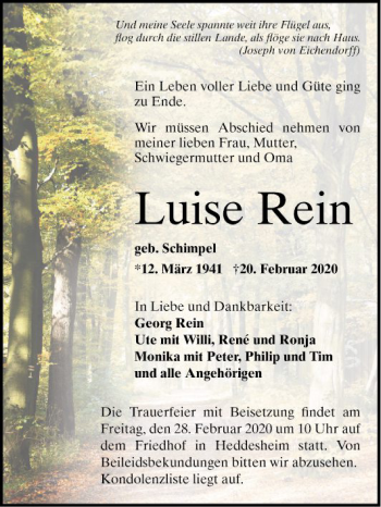Traueranzeige von Luise Rein von Mannheimer Morgen