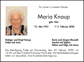 Traueranzeige von Maria Knaup von Bergsträßer Anzeiger