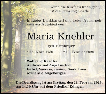 Traueranzeige von Maria Knehler von Mannheimer Morgen