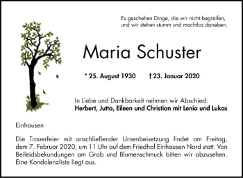 Traueranzeige von Maria Schuster von Bergsträßer Anzeiger