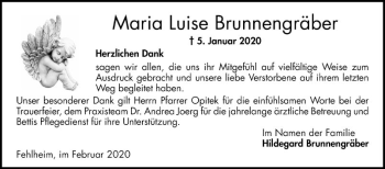 Traueranzeige von Maria Luise Brunnengräber von Bergsträßer Anzeiger