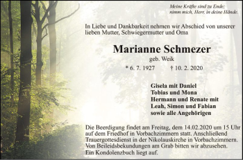 Traueranzeige von Marianne Schmezer von Fränkische Nachrichten