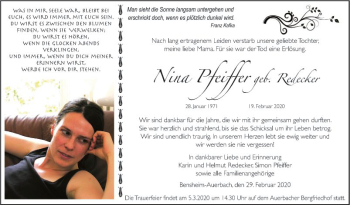 Traueranzeige von Nina Pfeiffer von Bergsträßer Anzeiger