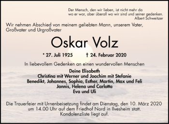 Traueranzeige von Oskar Volz von Mannheimer Morgen