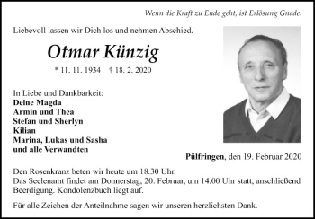 Traueranzeige von Otmar Künzig von Fränkische Nachrichten