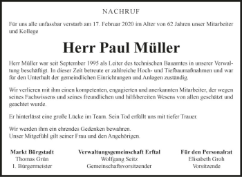 Traueranzeige von Paul Müller von Fränkische Nachrichten