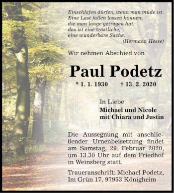 Traueranzeige von Paul Podetz von Fränkische Nachrichten