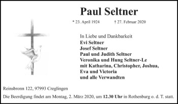 Traueranzeige von Paul Seltner von Fränkische Nachrichten