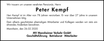 Traueranzeige von Peter Kempf von Mannheimer Morgen