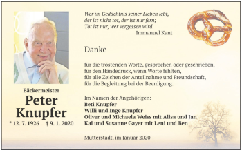 Traueranzeige von Peter Knupfer von Mannheimer Morgen