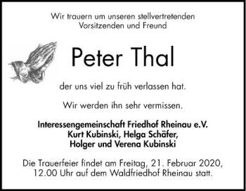 Traueranzeige von Peter Thal von Mannheimer Morgen