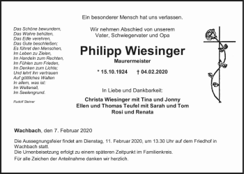 Traueranzeige von Philipp Wiesinger von Fränkische Nachrichten