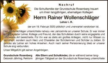 Traueranzeige von Rainer Wollenschläger von Fränkische Nachrichten