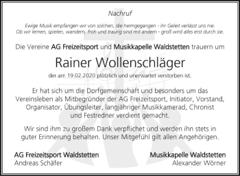 Traueranzeige von Rainer Wollenschläger von Fränkische Nachrichten