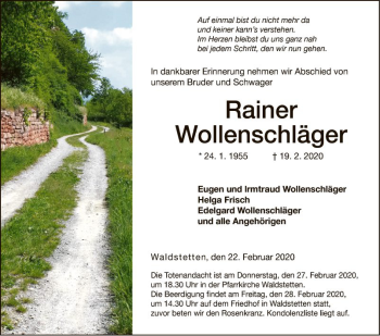 Traueranzeige von Rainer Wollenschläger von Fränkische Nachrichten