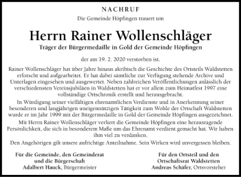 Traueranzeige von Rainer Wollenschläger von Fränkische Nachrichten