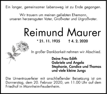 Traueranzeige von Reimund Maurer von Mannheimer Morgen