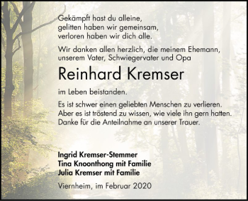 Traueranzeige von Reinhard Kremser von Südhessen Morgen