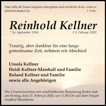 Traueranzeige von Reinhold Kellner von Mannheimer Morgen