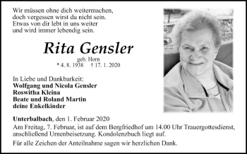 Traueranzeige von Rita Gensler von Fränkische Nachrichten