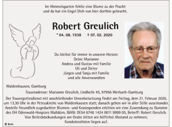 Traueranzeige von Robert Greulich von Fränkische Nachrichten