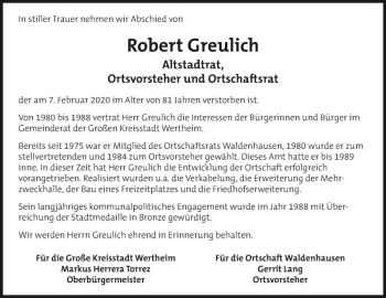 Traueranzeige von Robert Greulich von Fränkische Nachrichten