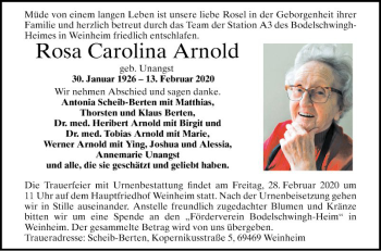 Traueranzeige von Rosa Carolina Arnold von Mannheimer Morgen