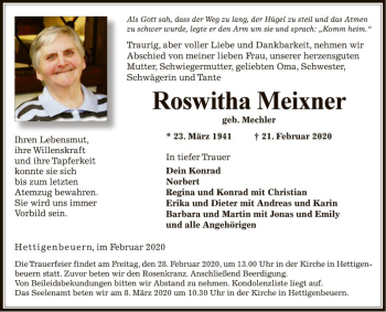 Traueranzeige von Roswitha Meixner von Fränkische Nachrichten