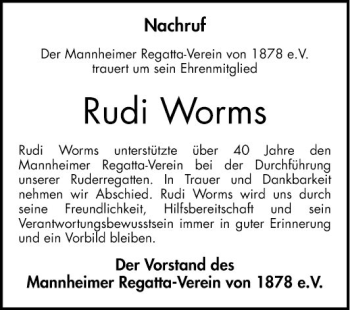 Traueranzeige von Rudi Worms von Mannheimer Morgen