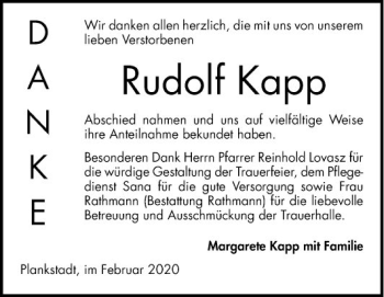 Traueranzeige von Rudolf Kapp von Schwetzinger Zeitung