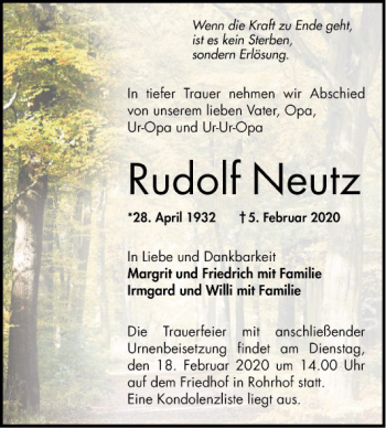 Traueranzeige von Rudolf Neutz von Schwetzinger Zeitung