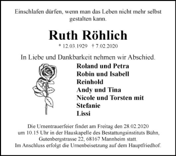 Traueranzeige von Ruth Röhlich von Mannheimer Morgen