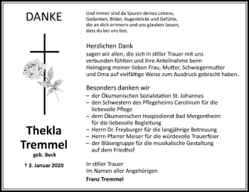 Traueranzeige von Thekla Tremmel von Fränkische Nachrichten