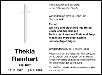 Traueranzeige von Thelka Reinhart von Fränkische Nachrichten