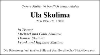 Traueranzeige von Ula Skulima von Schwetzinger Zeitung