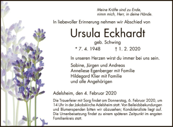 Traueranzeige von Ursula Eckhardt von Fränkische Nachrichten