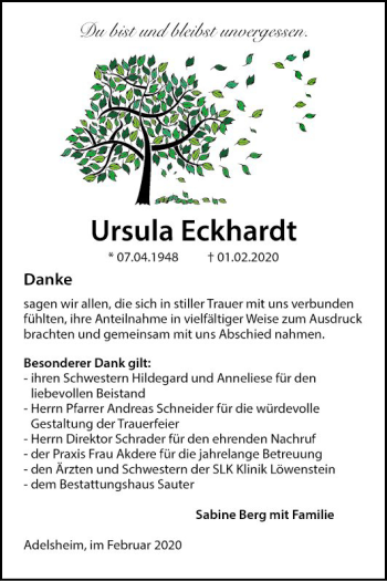 Traueranzeige von Ursula Eckhardt von Fränkische Nachrichten