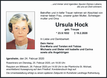 Traueranzeige von Ursula Hock von Fränkische Nachrichten