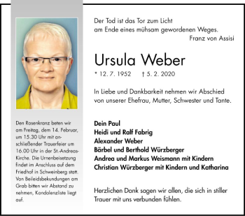 Traueranzeige von Ursula Weber von Fränkische Nachrichten