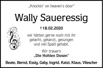 Traueranzeige von Wally Saueressig von Mannheimer Morgen