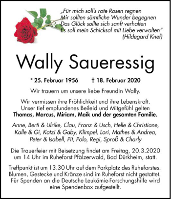 Traueranzeige von Wally Saueressig von Mannheimer Morgen