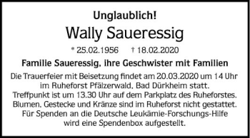 Traueranzeige von Wally Saueressig von Mannheimer Morgen