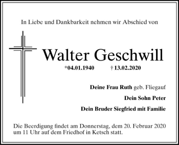 Traueranzeige von Walter Geschwill von Schwetzinger Zeitung