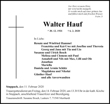 Traueranzeige von Walter Hauf von Fränkische Nachrichten