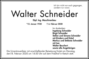 Traueranzeige von Walter Schneider von Schwetzinger Zeitung