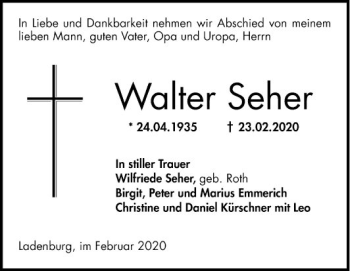 Traueranzeige von Walter Seher von Mannheimer Morgen