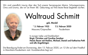 Traueranzeige von Waltraud Schmitt von Mannheimer Morgen