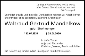 Traueranzeige von Waltraud Gertrud Mandelkow von Mannheimer Morgen