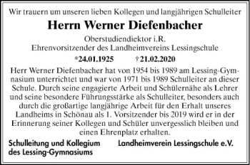 Traueranzeige von Werner Diefenbacher von Mannheimer Morgen